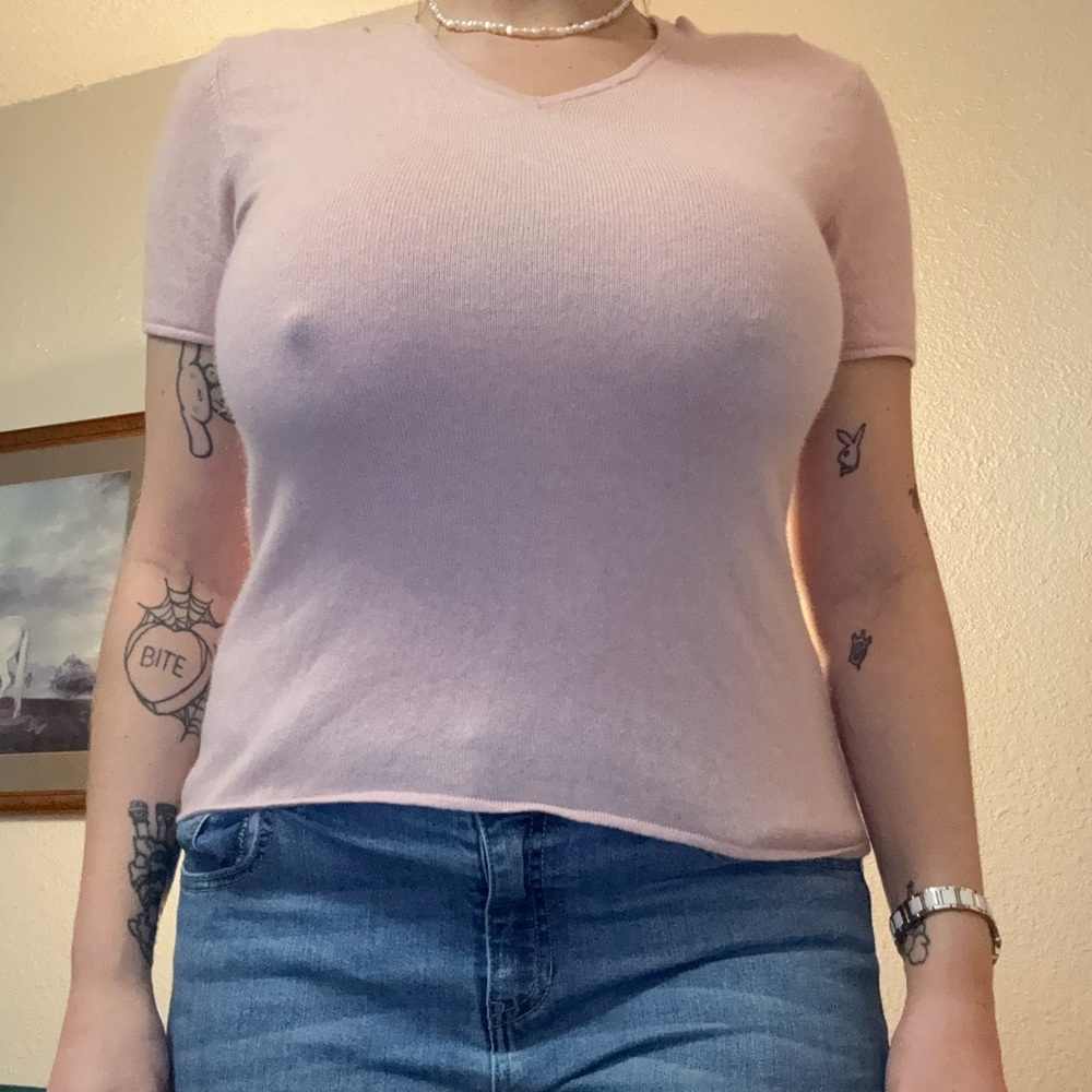 Soft baby pink cashmere shirt minimalist top quiet luxury 50s trophy wife vibes